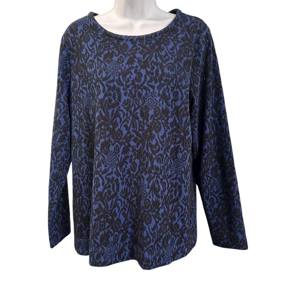 Coldwater Creek L/S Textured Scoop Neck Floral Top Womens Sz M 10-12 Blue Black